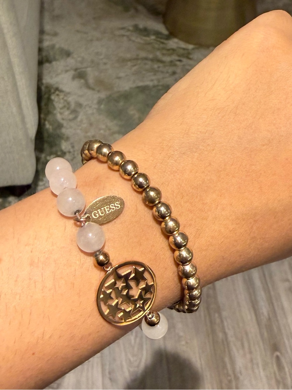 GUESS Pink Bead & Gold Star Charm Bracelet Duo